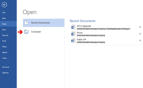 Microsoft Office 2013 open files screen.