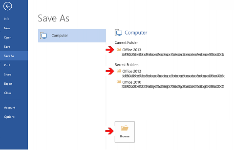 Microsoft Office 2013 save as screen